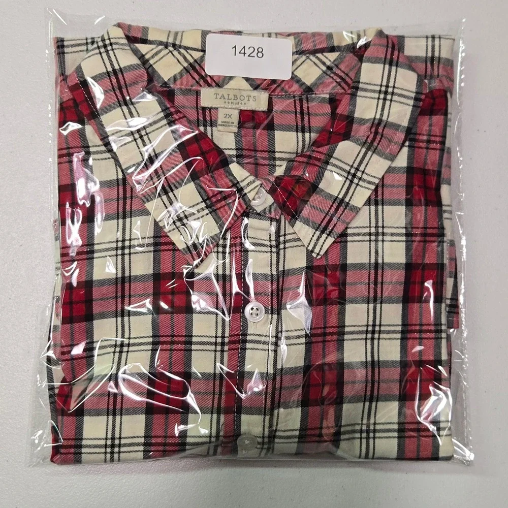 Talbots Plaid Button Down Shirt Women 2X Red Black Tartan Long Sleeve Preppy Top